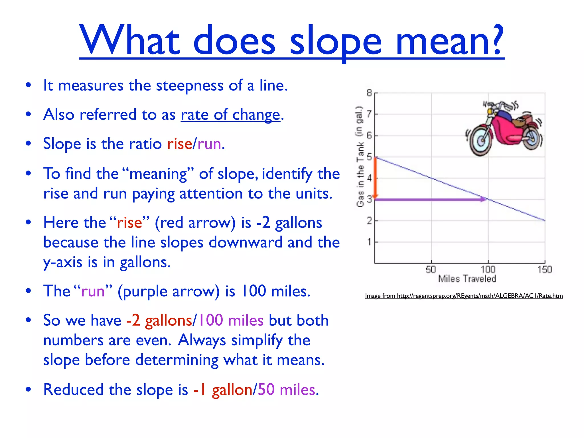 What does slope mean?
• It measures the steepness of a line.
• Also referred to as rate of change.
• Slope is the ratio rise/run.
• To ﬁnd the “meaning” of slope, identify the
  rise and run paying attention to the units.
• Here the “rise” (red arrow) is -2 gallons
  because the line slopes downward and the
  y-axis is in gallons.
• The “run” (purple arrow) is 100 miles.        Image from http://regentsprep.org/REgents/math/ALGEBRA/AC1/Rate.htm



• So we have -2 gallons/100 miles but both
  numbers are even. Always simplify the
  slope before determining what it means.
• Reduced the slope is -1 gallon/50 miles.
 