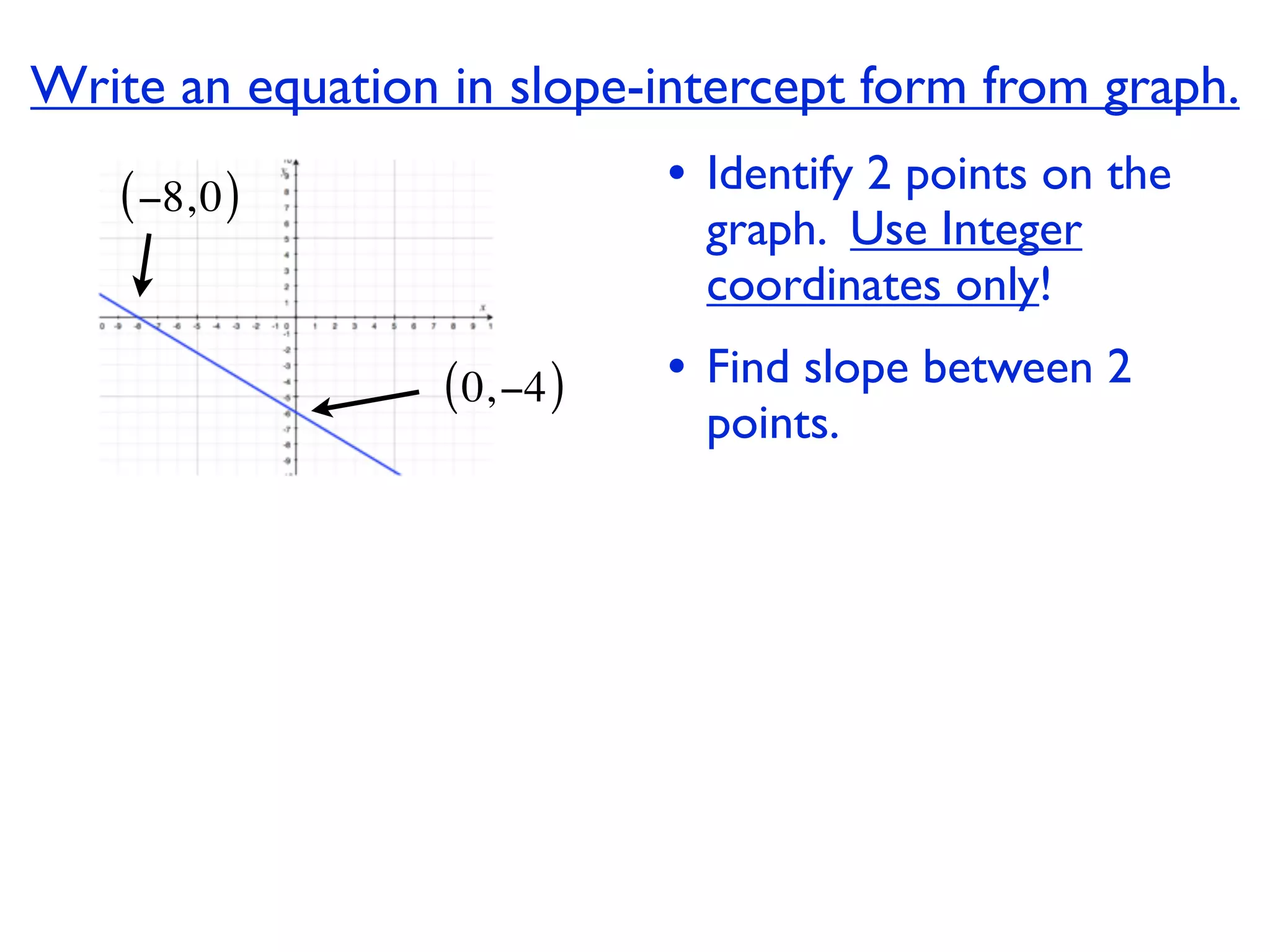Write an equation in slope-intercept form from graph.
   ( −8, 0 )                  • Identify 2 points on the
                                graph. Use Integer
                                coordinates only!

                  ( 0, −4 )   • Find slope between 2
                                points.
 