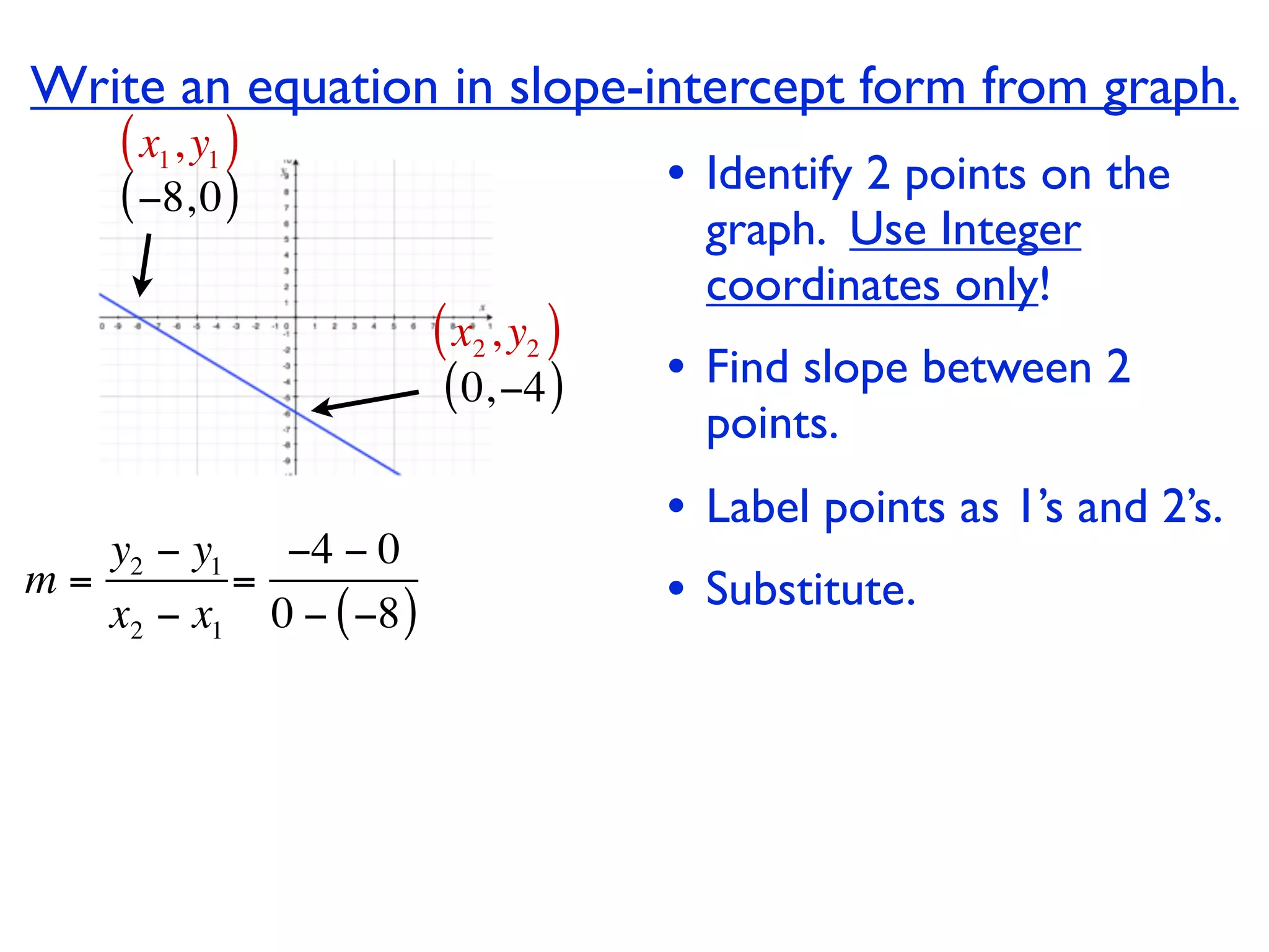 Write an equation in slope-intercept form from graph.
     ( x1, y1 )
     ( −8, 0 )                        • Identify 2 points on the
                                        graph. Use Integer
                                        coordinates only!
                        ( x2 , y2 )
                        ( 0, −4 )     • Find slope between 2
                                        points.
                                      • Label points as 1’s and 2’s.
   y2 − y1 −4 − 0
m=        =
   x2 − x1 0 − ( −8 )                 • Substitute.
 