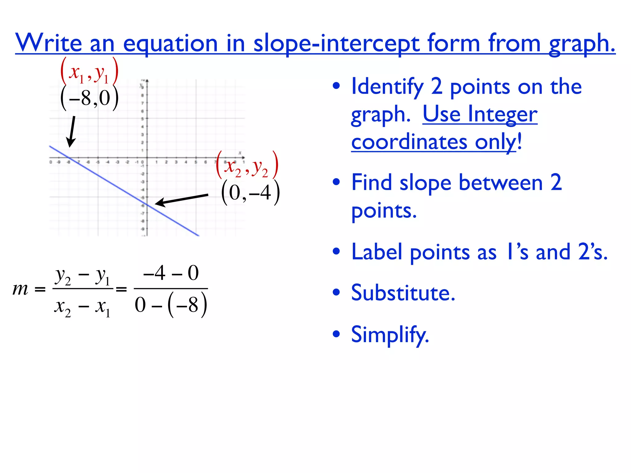 Write an equation in slope-intercept form from graph.
     ( x1, y1 )
     ( −8, 0 )                        • Identify 2 points on the
                                        graph. Use Integer
                                        coordinates only!
                        ( x2 , y2 )
                        ( 0, −4 )     • Find slope between 2
                                        points.
                                      • Label points as 1’s and 2’s.
   y2 − y1 −4 − 0
m=        =
   x2 − x1 0 − ( −8 )                 • Substitute.
                                      • Simplify.
 