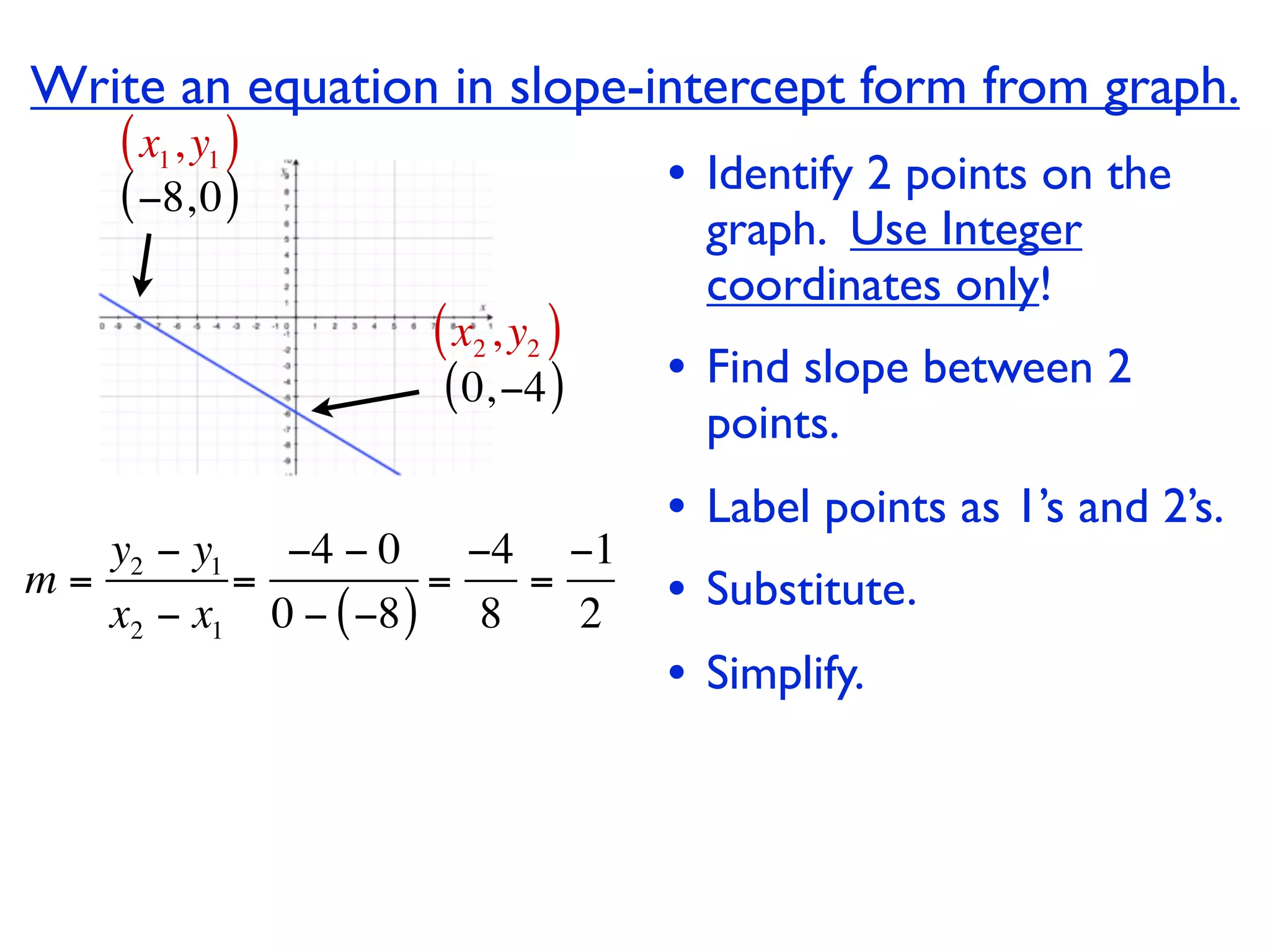 Write an equation in slope-intercept form from graph.
    ( x1, y1 )
    ( −8, 0 )                   • Identify 2 points on the
                                  graph. Use Integer
                                  coordinates only!
                  ( x2 , y2 )
                   ( 0, −4 )    • Find slope between 2
                                  points.
                                • Label points as 1’s and 2’s.
   y2 − y1 −4 − 0 −4 −1
m=        =          =
   x2 − x1 0 − ( −8 ) 8
                        =
                          2     • Substitute.
                                • Simplify.
 