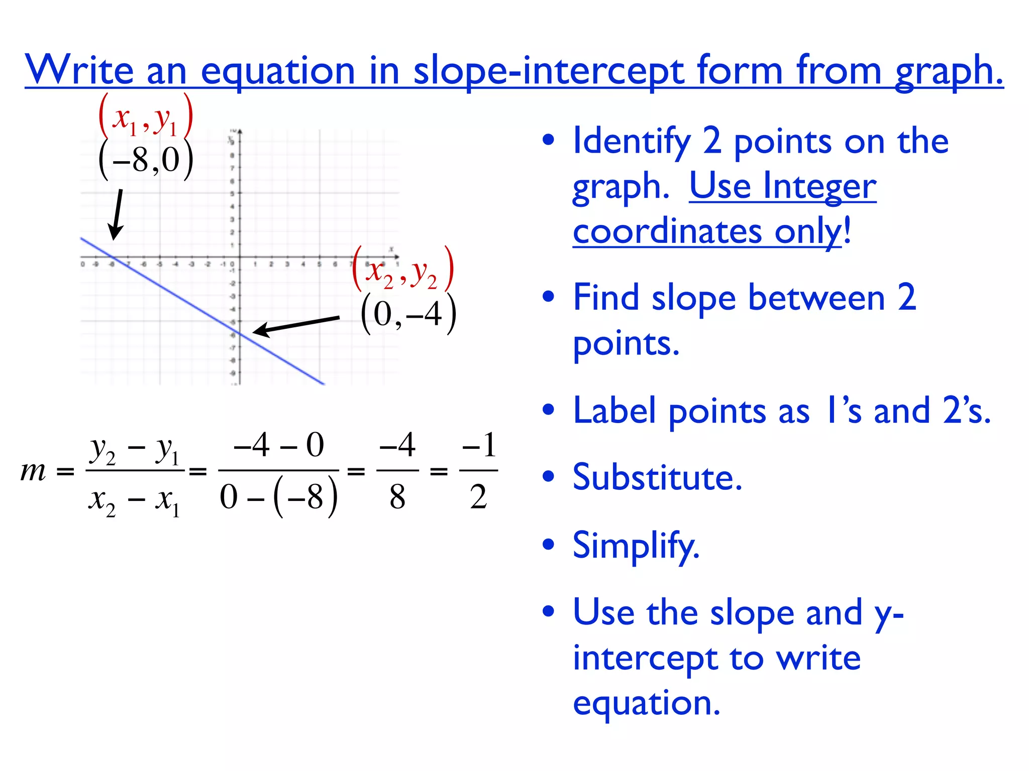 Write an equation in slope-intercept form from graph.
    ( x1, y1 )
    ( −8, 0 )                   • Identify 2 points on the
                                    graph. Use Integer
                                    coordinates only!
                  ( x2 , y2 )
                   ( 0, −4 )    • Find slope between 2
                                    points.
                                •   Label points as 1’s and 2’s.
   y2 − y1 −4 − 0 −4 −1
m=        =          =
   x2 − x1 0 − ( −8 ) 8
                        =
                          2     •   Substitute.
                                •   Simplify.
                                •   Use the slope and y-
                                    intercept to write
                                    equation.
 