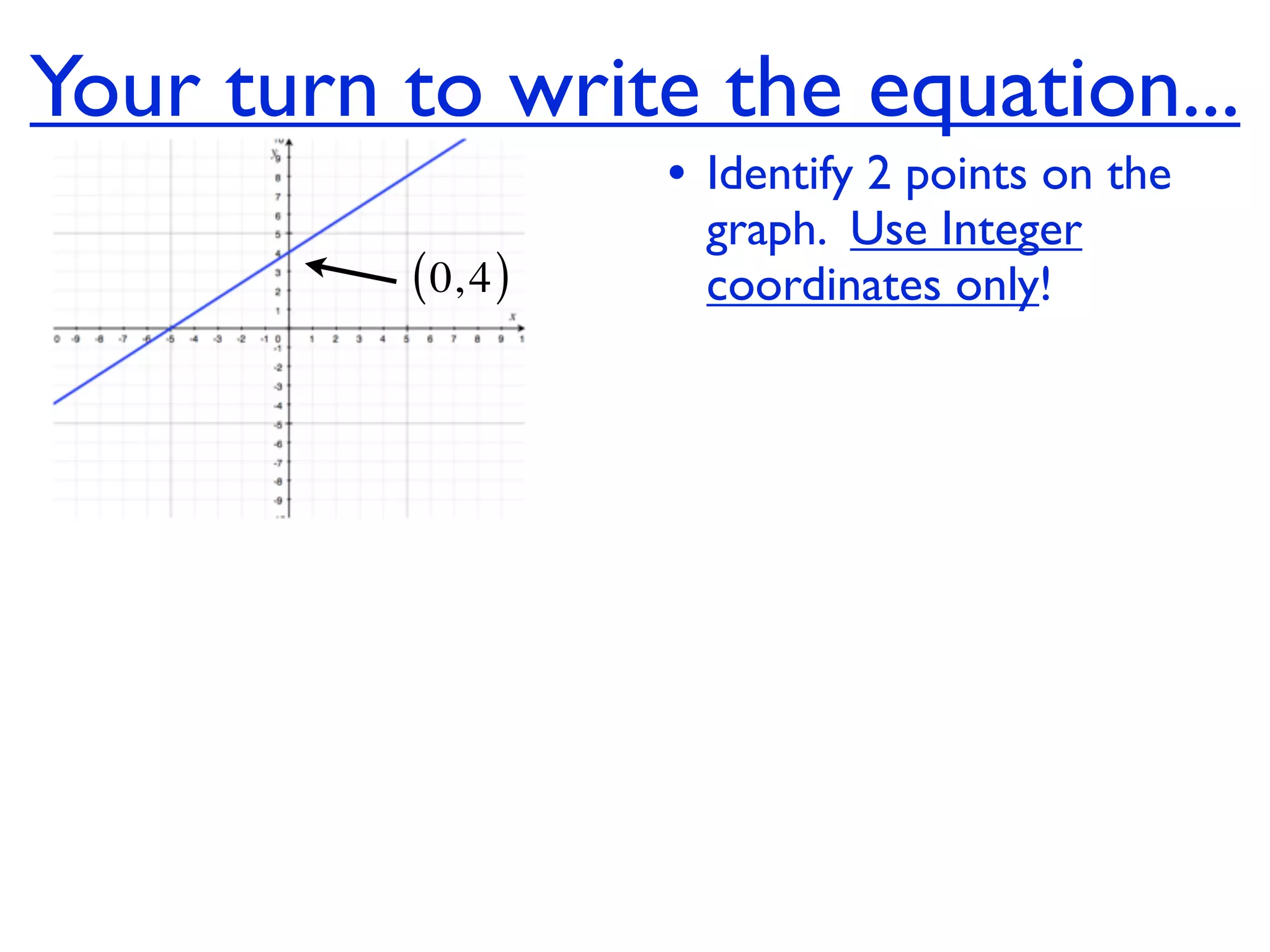 Your turn to write the equation...
                     • Identify 2 points on the
                       graph. Use Integer
          ( 0, 4 )     coordinates only!
 