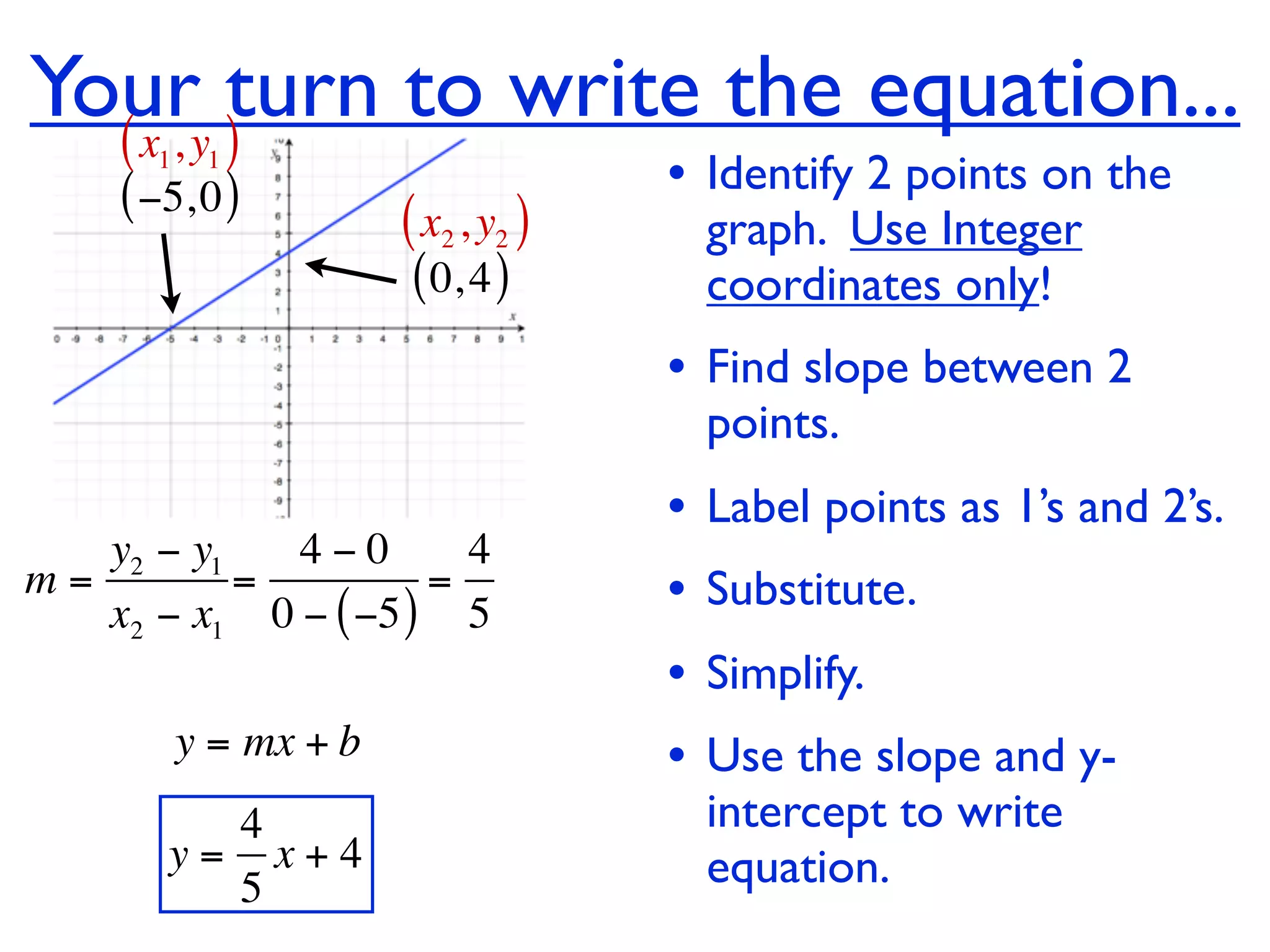 Youry )turn to write the equation...
  (x ,1    1
    ( −5, 0 )                        • Identify 2 points on the
                       ( x2 , y2 )       graph. Use Integer
                       ( 0, 4 )          coordinates only!
                                     • Find slope between 2
                                         points.
                                     •   Label points as 1’s and 2’s.
   y2 − y1   4−0       4
m=         =         =
   x2 − x1 0 − ( −5 ) 5              •   Substitute.
                                     •   Simplify.
          y = mx + b                 •   Use the slope and y-
         4                               intercept to write
       y= x+4                            equation.
         5
 