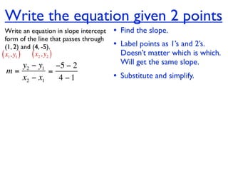 Write the equation given 2 points
  Write an equation in slope intercept   • Find the slope.
  form of the line that passes through
  (1, 2) and (4, -5).                    • Label points as 1’s and 2’s.
( x1, y1 ) ( x2 , y2 )                     Doesn’t matter which is which.
    y2 − y1 −5 − 2                         Will get the same slope.
 m=         =
    x2 − x1   4 −1                       • Substitute and simplify.
 