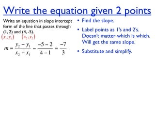 Write the equation given 2 points
  Write an equation in slope intercept   • Find the slope.
  form of the line that passes through
  (1, 2) and (4, -5).                    • Label points as 1’s and 2’s.
( x1, y1 ) ( x2 , y2 )                     Doesn’t matter which is which.
    y2 − y1 −5 − 2 −7                      Will get the same slope.
 m=         =      =
    x2 − x1   4 −1   3                   • Substitute and simplify.
 