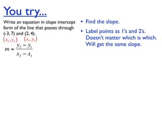 You try...
Write an equation in slope intercept   • Find the slope.
form of the line that passes through
(-3, 7) and (2, 4).                    • Label points as 1’s and 2’s.
( x2 , y2 ) ( x1, y1 )                   Doesn’t matter which is which.
   y2 − y1                               Will get the same slope.
m=
   x2 − x1
 