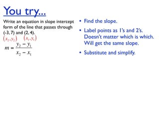 You try...
Write an equation in slope intercept   • Find the slope.
form of the line that passes through
(-3, 7) and (2, 4).                    • Label points as 1’s and 2’s.
( x2 , y2 ) ( x1, y1 )                   Doesn’t matter which is which.
   y2 − y1                               Will get the same slope.
m=
   x2 − x1                             • Substitute and simplify.
 