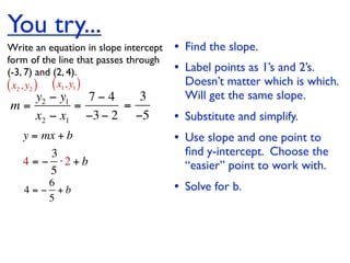 You try...
Write an equation in slope intercept   • Find the slope.
form of the line that passes through
(-3, 7) and (2, 4).                    • Label points as 1’s and 2’s.
( x2 , y2 ) ( x1, y1 )                   Doesn’t matter which is which.
   y2 − y1   7−4   3                     Will get the same slope.
m=         =     =
   x2 − x1 −3 − 2 −5                   • Substitute and simplify.
   y = mx + b                          • Use slope and one point to
        3                                ﬁnd y-intercept. Choose the
   4 = − ⋅2 + b                          “easier” point to work with.
        5
        6
   4 = − +b                            • Solve for b.
        5
 