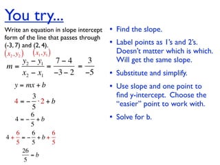 You try...
Write an equation in slope intercept   • Find the slope.
form of the line that passes through
(-3, 7) and (2, 4).                    • Label points as 1’s and 2’s.
( x2 , y2 ) ( x1, y1 )                   Doesn’t matter which is which.
   y2 − y1   7−4   3                     Will get the same slope.
m=         =     =
   x2 − x1 −3 − 2 −5                   • Substitute and simplify.
   y = mx + b                          • Use slope and one point to
        3                                ﬁnd y-intercept. Choose the
   4 = − ⋅2 + b                          “easier” point to work with.
        5
       6
  4 = − +b                             • Solve for b.
       5
  6    6   6
4+ = − +b+
  5    5   5
      26
         =b
       5
 