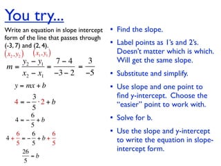 You try...
Write an equation in slope intercept   • Find the slope.
form of the line that passes through
(-3, 7) and (2, 4).                    • Label points as 1’s and 2’s.
( x2 , y2 ) ( x1, y1 )                   Doesn’t matter which is which.
   y2 − y1   7−4   3                     Will get the same slope.
m=         =     =
   x2 − x1 −3 − 2 −5                   • Substitute and simplify.
   y = mx + b                          • Use slope and one point to
        3                                ﬁnd y-intercept. Choose the
   4 = − ⋅2 + b                          “easier” point to work with.
        5
       6
  4 = − +b                             • Solve for b.
       5
  6    6   6                           • Use the slope and y-intercept
4+ = − +b+
  5    5   5                             to write the equation in slope-
      26                                 intercept form.
         =b
       5
 