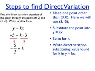 Steps to ﬁnd Direct Variation
Find the direct variation equation of     • Need one point other
the graph through the points (0, 0) and    than (0, 0). Here we will
(3, -5).  Write in y=kx form.              use (3, -5).
          y = kx                          • Substitute the point into
                                           y = kx.
        −5 = k ⋅ 3
                                          • Solve for k.
         3     3
          5                               • Write direct variation
        − =k                               substituting value found
          3                                for k in y = kx.
 