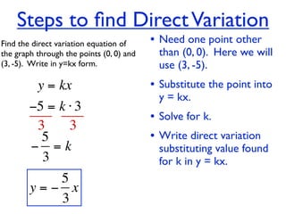 Steps to ﬁnd Direct Variation
Find the direct variation equation of     • Need one point other
the graph through the points (0, 0) and    than (0, 0). Here we will
(3, -5).  Write in y=kx form.              use (3, -5).
          y = kx                          • Substitute the point into
                                           y = kx.
        −5 = k ⋅ 3
                                          • Solve for k.
         3     3
          5                               • Write direct variation
        − =k                               substituting value found
          3                                for k in y = kx.
           5
        y=− x
           3
 
