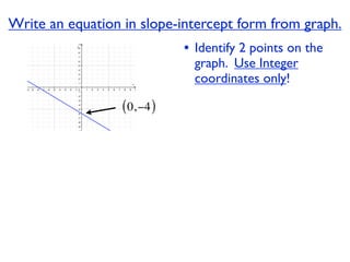 Write an equation in slope-intercept form from graph.
                              • Identify 2 points on the
                                graph. Use Integer
                                coordinates only!

                  ( 0, −4 )
 