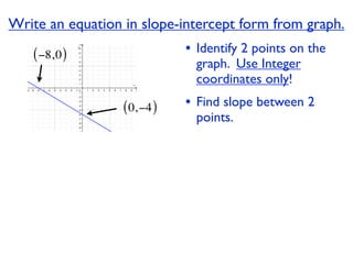 Write an equation in slope-intercept form from graph.
   ( −8, 0 )                  • Identify 2 points on the
                                graph. Use Integer
                                coordinates only!

                  ( 0, −4 )   • Find slope between 2
                                points.
 