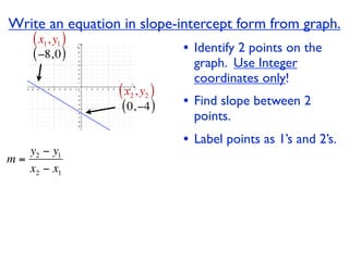 Write an equation in slope-intercept form from graph.
    ( x1, y1 )
    ( −8, 0 )                  • Identify 2 points on the
                                 graph. Use Integer
                                 coordinates only!
                 ( x2 , y2 )
                  ( 0, −4 )    • Find slope between 2
                                 points.
                               • Label points as 1’s and 2’s.
   y2 − y1
m=
   x2 − x1
 