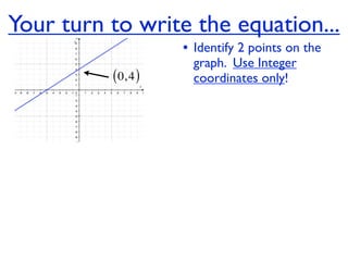 Your turn to write the equation...
                     • Identify 2 points on the
                       graph. Use Integer
          ( 0, 4 )     coordinates only!
 