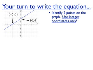 Your turn to write the equation...
  ( −5, 0 )              • Identify 2 points on the
                           graph. Use Integer
              ( 0, 4 )     coordinates only!
 