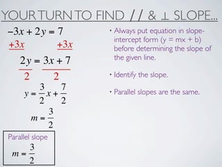 YOUR TURN TO FIND ∕∕ & ⊥ SLOPE...
−3x + 2y = 7       • Always put equation in slope-
                    intercept form (y = mx + b)
+3x        +3x      before determining the slope of
                    the given line.
     2y = 3x + 7
      2     2      • Identify   the slope.
        3   7      • Parallel   slopes are the same.
      y= x+
        2   2
          3
       m=
          2
 Parallel slope
     3
  m=
     2
 