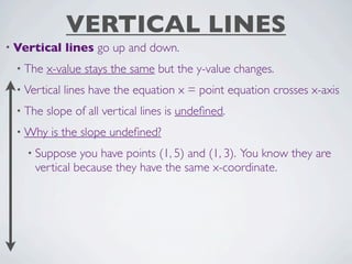 VERTICAL LINES
• Vertical    lines go up and down.
 • The   x-value stays the same but the y-value changes.
 • Vertical   lines have the equation x = point equation crosses x-axis
 • The   slope of all vertical lines is undeﬁned.
 • Why    is the slope undeﬁned?
   • Suppose   you have points (1, 5) and (1, 3). You know they are
     vertical because they have the same x-coordinate.
 