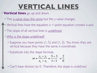 VERTICAL LINES
• Vertical    lines go up and down.
 • The   x-value stays the same but the y-value changes.
 • Vertical   lines have the equation x = point equation crosses x-axis
 • The   slope of all vertical lines is undeﬁned.
 • Why    is the slope undeﬁned?
   • Suppose   you have points (1, 5) and (1, 3). You know they are
     vertical because they have the same x-coordinate.
   • Substitute   into the slope formula.
                            y2 − y1 5 − 3   2
                         m=        =      =
                            x2 − x1 1 − 1   0
   • Can’t    have division by 0. Therefore, the slope is undeﬁned.
 