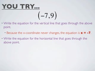 YOU TRY...
                             ( −7, 9 )
• Write   the equation for the vertical line that goes through the above
 point.
  • Because   the x-coordinate never changes, the equation is x = -7.
• Writethe equation for the horizontal line that goes through the
 above point.
 