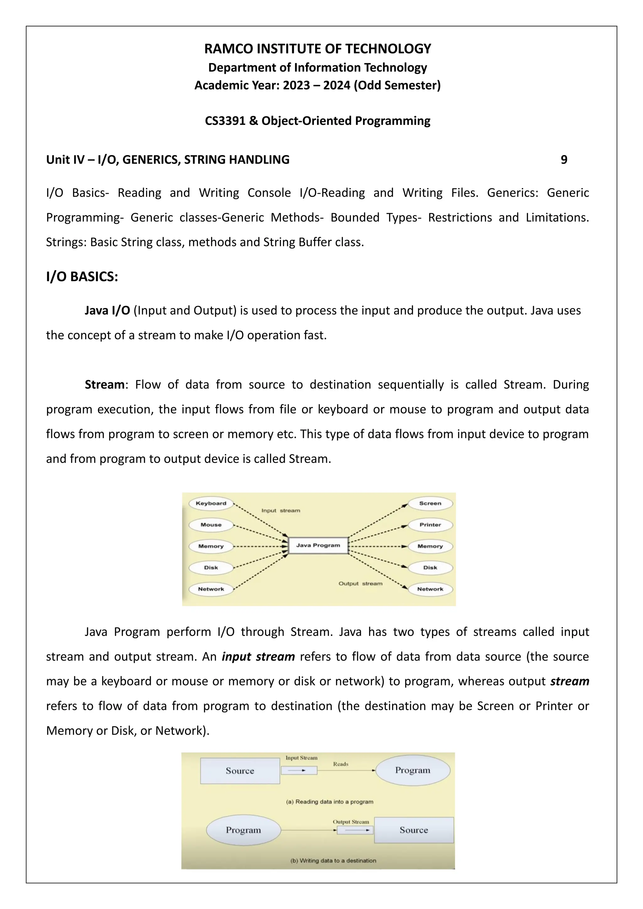 UNIT4-IO,Generics,String Handling.pdf Notes | PDF