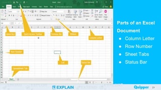 ENGAG EXPLOR
EXPLAIN EXTEND
EVALUAT
Parts of an Excel
Document
● Column Letter
● Row Number
● Sheet Tabs
● Status Bar
21
21
 