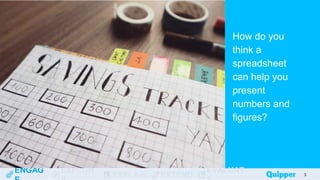 ENGAG EXPLOR
EXPLAIN EXTEND
EVALUAT
How do you
think a
spreadsheet
can help you
present
numbers and
figures?
3
 