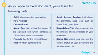 Wrap Up
As you open an Excel document, you will see the
following parts:
37
○ Cell that contains the input values
○ Row Number
○ Column Letter
○ Name Box that shows the name of
the selected cell which contains a
column letter and a row number
○ Formula Bar for the computations
○ Ribbon which contains tools
○ Quick Access Toolbar that shows
the commonly used tools such as
Undo, Redo, and Save
○ Spreadsheet Tab where you can see
the different sheets available on your
workbook
○ Status Bar where you can see the
current status of your document and
the view shortcuts
 