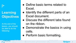 Learning
Objectives
At the end of the
lesson, you should
be able to do the
following:
ENGAG EXPLOR
EXPLAIN EXTEND
EVALUAT 4
● Define basic terms related to
Excel.
● Identify the different parts of an
Excel document.
● Discuss the different tabs found
on the ribbon.
● Demonstrate the basics in using
cells.
● Perform basic formatting.
4
 