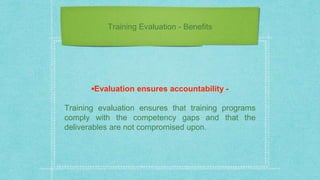 Training Evaluation - Benefits
▪Evaluation ensures accountability -
Training evaluation ensures that training programs
comply with the competency gaps and that the
deliverables are not compromised upon.
 
