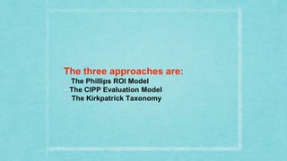 The three approaches are:
The Phillips ROI Model
The CIPP Evaluation Model
The Kirkpatrick Taxonomy
 