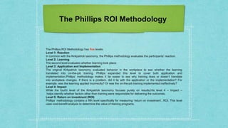 The Phillips ROI Methodology
The Phillips ROI Methodology has five levels:
Level 1: Reaction
In common with the Kirkpatrick taxonomy, the Phillips methodology evaluates the participants’ reaction.
Level 2: Learning
The second level evaluates whether learning took place.
Level 3: Application and Implementation
The original Kirkpatrick taxonomy evaluated behavior in the workplace to see whether the learning
translated into on-the-job training. Phillips expanded this level to cover both application and
implementation.Phillips’ methodology makes it far easier to see why training does or doesn’t translate
into workplace changes. If there is a problem, did it lie with the application or the implementation? For
example, was the learning applied incorrectly? Or was the on-the-job training implemented ineffectively?
Level 4: Impact
While the fourth level of the Kirkpatrick taxonomy focuses purely on results,His level 4 – Impact –
helps identify whether factors other than training were responsible for delivering the outcomes.
Level 5: Return on investment (ROI)
Phillips’ methodology contains a fifth level specifically for measuring ‘return on investment’, ROI. This level
uses cost-benefit analysis to determine the value of training programs.
 