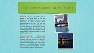 Four Types of Cross-Cultural Training
EXPATS- If your expatriates fail to
adapt to the work style of the new
location as well as to the norms and
behaviors of their cultures, these
assignments are at risk: You will lose
business due to miscommunication and
you will miss out on international growth
opportunities.Cultural Training &
Coaching programs have helped clients
save millions in potential losses on failed
global assignments.
CROSS-BORDER BUSINESS-
Whether you are expanding your
business into new markets, or you are
importing/exporting to and from
abroad, or negotiating deals with foreign
partners – everybody should have the
relevant information about the countries
and cultures in order to be successful.
 