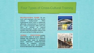 Four Types of Cross-Cultural Training
MULTICULTURAL TEAMS- Do you
work with employees who have diverse
cultural backgrounds? When
multicultural teams want to collaborate
efficiently, communication is hampered
by a lack of language skills and even
more so because of cultural
misunderstandings. People work better
together when they decipher cultures and
are aware of them in daily operations.
GLOBAL EXECUTIVES-GLOBAL
EXECUTIVES NEED TO LEARN HOW TO
INSPIRE AND MOTIVATE IN A FOREIGN
CULTURE. THEY NEED TO REDEFINE
WHAT EFFECTIVE COMMUNICATION
MEANS IN VARIOUS CULTURAL
CONTEXTS AND ADAPT TO DIFFERENT
WAYS OF BUILDING RELATIONSHIPS.
 