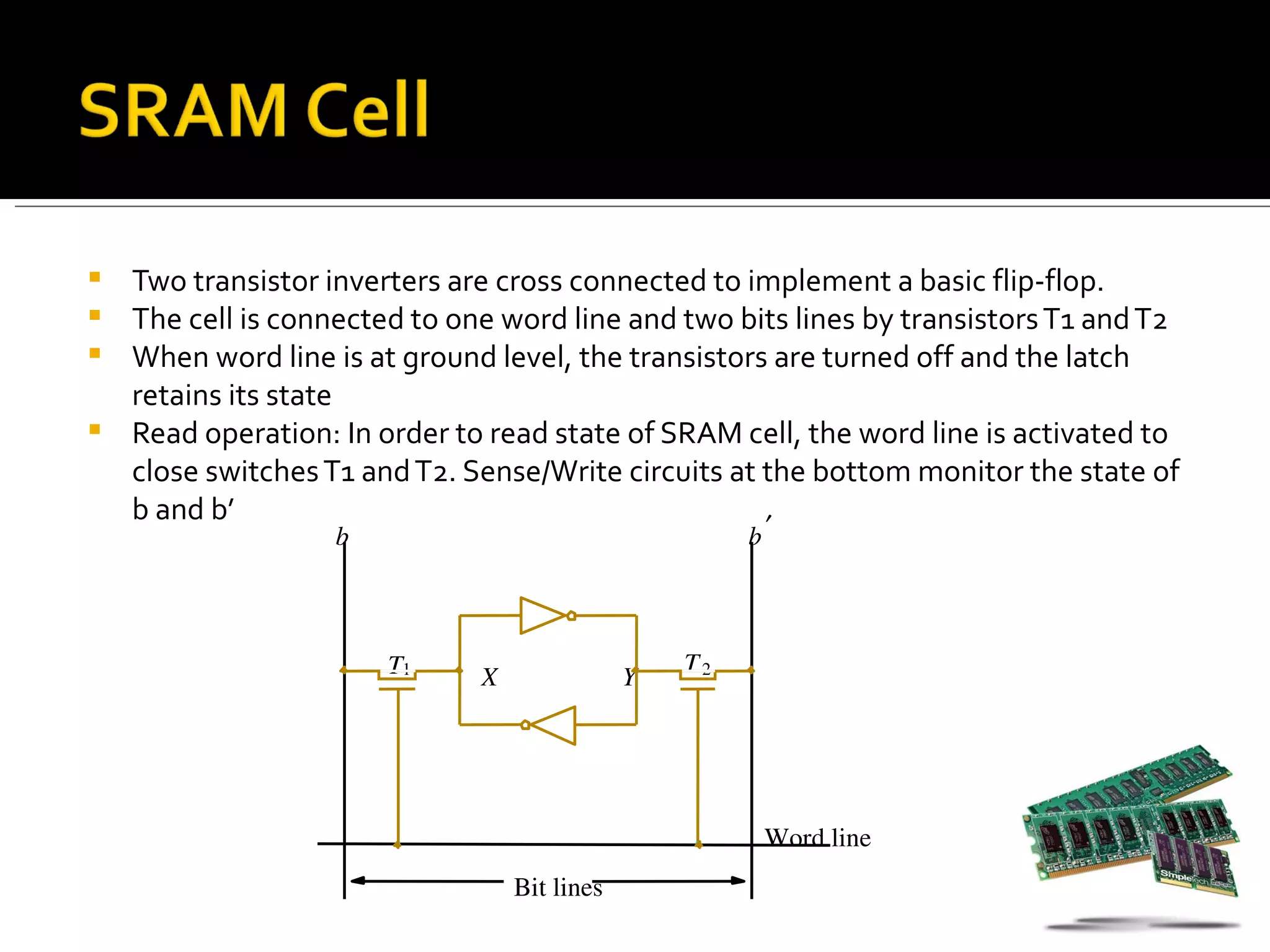  Two transistor inverters are cross connected to implement a basic flip-flop.
 The cell is connected to one word line and two bits lines by transistors T1 and T2
 When word line is at ground level, the transistors are turned off and the latch
  retains its state
 Read operation: In order to read state of SRAM cell, the word line is activated to
  close switches T1 and T2. Sense/Write circuits at the bottom monitor the state of
  b and b’                                          ′
                   b                                   b



                       T1                         T2
                              X               Y




                                                           Word line
                                  Bit lines
 