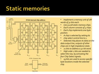 21­bit
      addresses                    19­bit internal chip address                            • Implement a memory unit of 2M
A0
A1                                                                                         words of 32 bits each.
                                                                                           • Use 512x8 static memory chips.
A19                                                                                        • Each column consists of 4 chips.
A20
                                                                                           • Each chip implements one byte
                                                                                           position.
                                                                                           • A chip is selected by setting its
                                                                                           • chip select control line to 1.
                                                                                           • Selected chip places its data on the
       2­bit
      decoder                                                                              data output line, outputs of other
                                                                                           chips are in high impedance state.
                                                                                           • 21 bits to address a 32-bit word.
                                                                                           • High order 2 bits are needed to
                    512K × 8
                   memory chip
                                     D31­24             D23­16             D 15­8   D7­0
                                                                                           select the row, by activating the
                                                                                           four Chip Select signals.
                                           512K × 8 memory chip
                                                                                           • 19 bits are used to access specific
                                                                                           byte locations inside the selected
                                  19­bit                            8­bit data
                                 address                          input/output             chip.

                                                Chip select
 