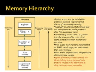 Processor                            •Fastest access is to the data held in
                                                   processor registers. Registers are at
              Registers                            the top of the memory hierarchy.
Increasing                                         •
                             Increasing Increasing Relatively small amount of memory that
   size                        speed cost per bit can be implemented on the processor
              Primary L1
               cache                               chip. This is processor cache.
                                                   •Two levels of cache. Level 1 (L1) cache
                                                   is on the processor chip. Level 2 (L2)
                                                   cache is in between main memory and
             Secondary L2                          processor.
               cache
                                                   •Next level is main memory, implemented
                                                   as SIMMs. Much larger, but much slower
                                                   than cache memory.
                Main                               •Next level is magnetic disks. Huge amount
               memory                              of inexepensive storage.
                                                   •Speed of memory access is critical, the
                                                   idea is to bring instructions and data
             Magnetic disk
                                                   that will be used in the near future as
              secondary                            close to the processor as possible.
               memory
 