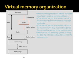 Processor
                                              •Memory management unit (MMU) translates
                                              virtual addresses into physical addresses.
                           Virtual address
                                              •If the desired data or instructions are in the
                                              main memory they are fetched as described
Data                  MMU
                                              previously.
                                              •If the desired data or instructions are not in
                           Physical address
                                              the main memory, they must be transferred
                                              from secondary storage to the main memory.
         Cache                                •MMU causes the operating system to bring
                                              the data from the secondary storage into the
Data                       Physical address   main memory.

       Main memory


               DMA transfer


       Disk storage



                      60
 