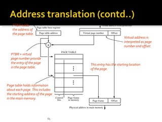 PTBR holds                                                                     Virtual address from processor
                      Page table base register
    the address of
    the page table.     Page table address                        Virtual page number       Offset
                                                                                                         Virtual address is
                                                                                                         interpreted as page
                                +                                                                        number and offset.
                                                 PAGE TABLE
  PTBR + virtual
  page number provide
  the entry of the page                                                  This entry has the starting location
  in the page table.                                                     of the page.



Page table holds information
about each page. This includes
the starting address of the page
in the main memory.                      Control
                                          bits
                                                     Page frame
                                                     in memory             Page frame       Offset

                                                      Physical address in main memory



                                65
 