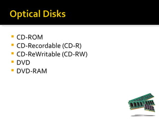    CD-ROM
   CD-Recordable (CD-R)
   CD-ReWritable (CD-RW)
   DVD
   DVD-RAM
 