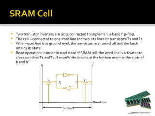  Two transistor inverters are cross connected to implement a basic flip-flop.
 The cell is connected to one word line and two bits lines by transistors T1 and T2
 When word line is at ground level, the transistors are turned off and the latch
  retains its state
 Read operation: In order to read state of SRAM cell, the word line is activated to
  close switches T1 and T2. Sense/Write circuits at the bottom monitor the state of
  b and b’                                          ′
                   b                                   b



                       T1                         T2
                              X               Y




                                                           Word line
                                  Bit lines
 