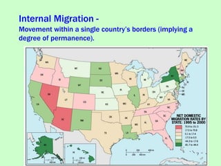 Internal Migration -
Movement within a single country’s borders (implying a
degree of permanence).
 