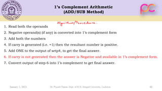 44
1’s Complement Arithmetic
(ADD/SUB Method)
1. Read both the operands
2. Negative operand(s) (if any) is converted into 1’s complement form
3. Add both the numbers
4. If carry is generated (i.e. =1) then the resultant number is positive.
5. Add ONE to the output of setp4, to get the final answer.
6. If carry is not generated then the answer is Negative and available in 1’s complement form.
7. Convert output of step 6 into 1’s complement to get final answer.
January 1, 2021 Dr. Piyush Charan, Dept. of ECE, Integral University, Lucknow
 