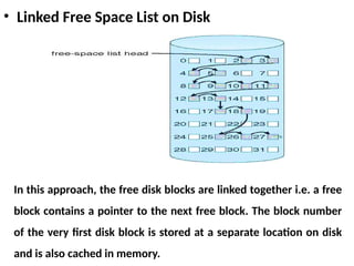• Linked Free Space List on Disk
In this approach, the free disk blocks are linked together i.e. a free
block contains a pointer to the next free block. The block number
of the very first disk block is stored at a separate location on disk
and is also cached in memory.
 