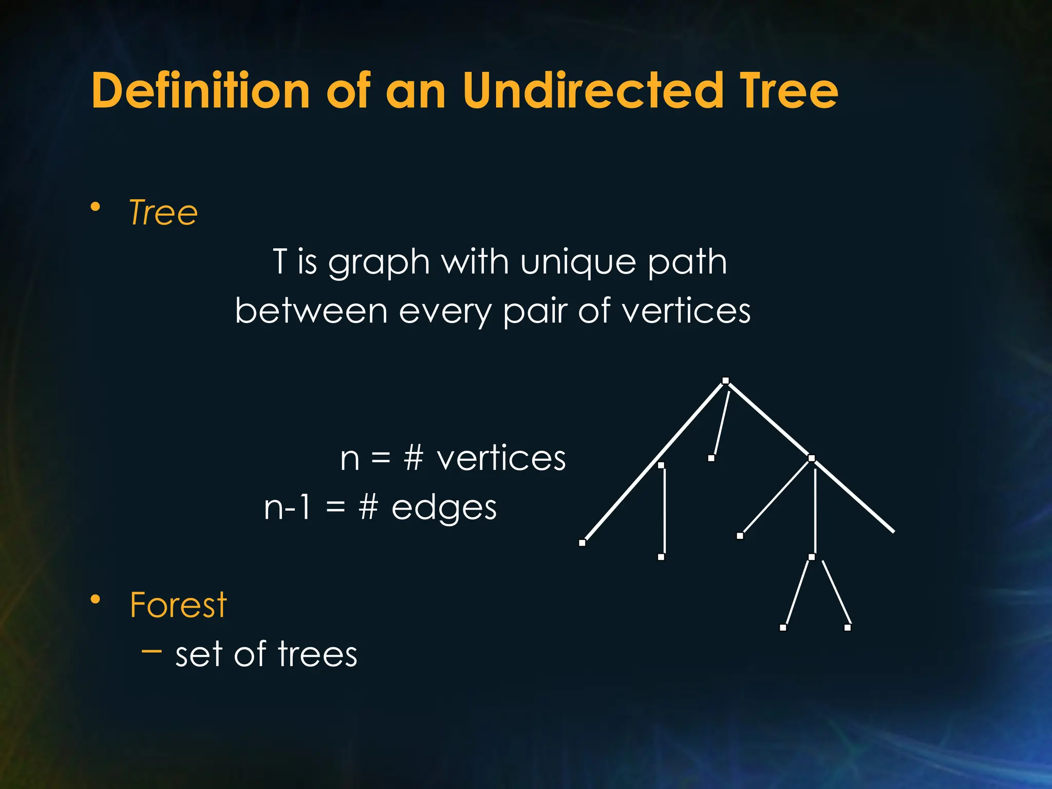 Definition of an Undirected Tree
• Tree
T is graph with unique path
between every pair of vertices
n = # vertices
n-1 = # edges
• Forest
– set of trees
 