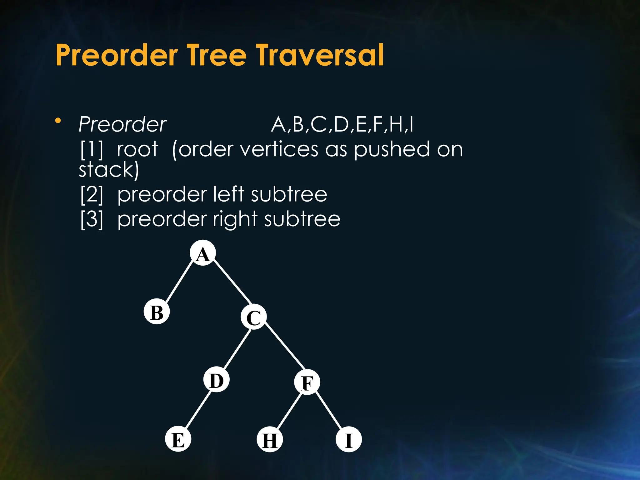 Preorder Tree Traversal
• Preorder A,B,C,D,E,F,H,I
[1] root (order vertices as pushed on
stack)
[2] preorder left subtree
[3] preorder right subtree
B
A
C
D
E
F
H I
 