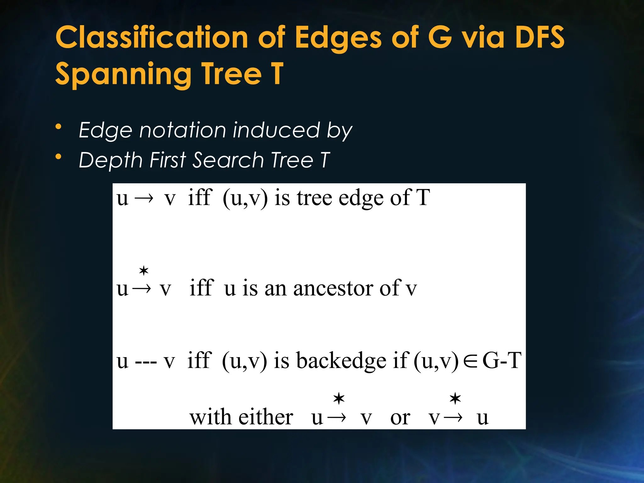 Classification of Edges of G via DFS
Spanning Tree T
• Edge notation induced by
• Depth First Search Tree T
u v iff (u,v) is tree edge of T
u v iff u is an ancestor of v
u --- v iff (u,v) is backedge if (u,v) G-T
with either u v or v u

 



 
 