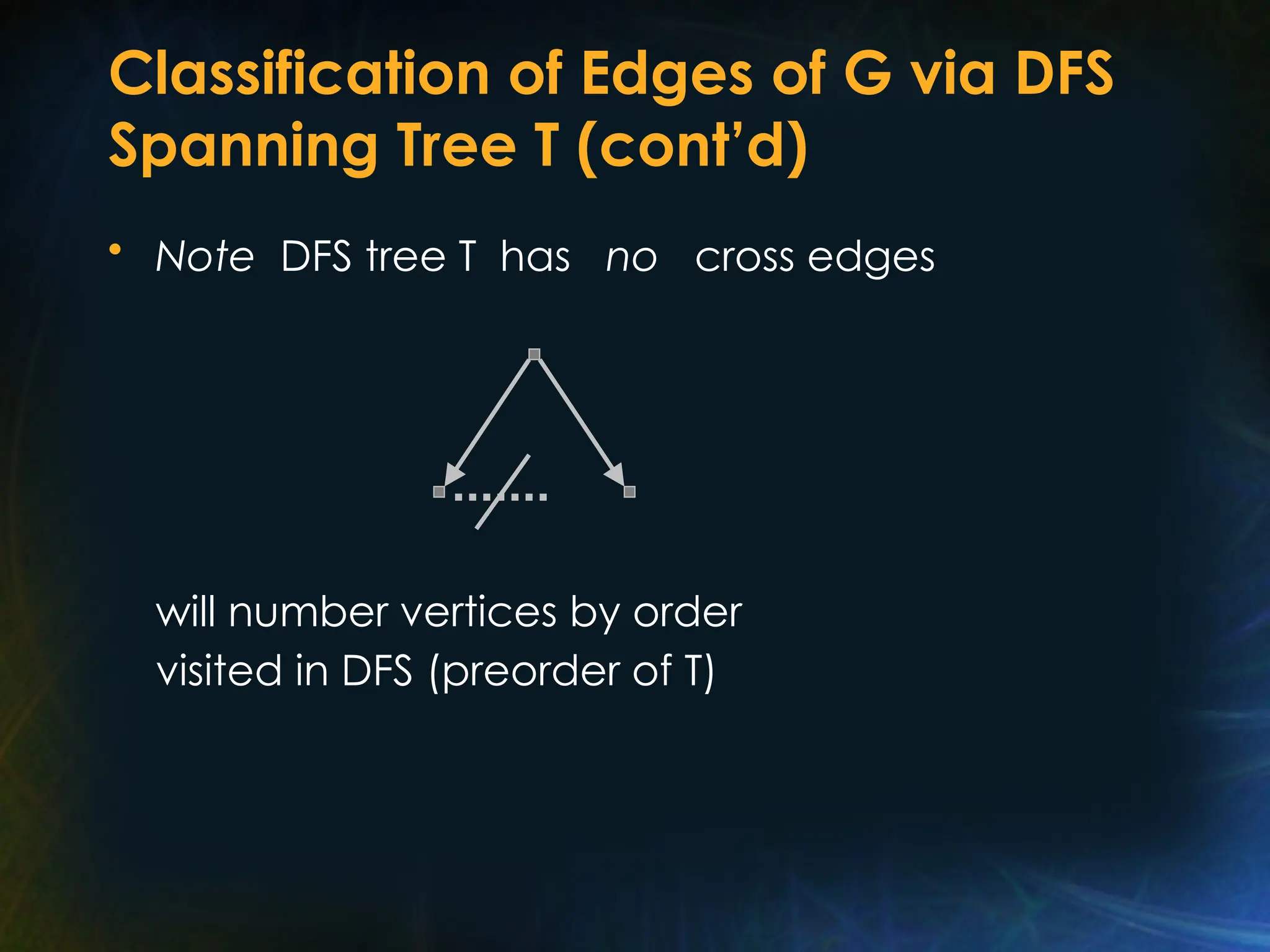 Classification of Edges of G via DFS
Spanning Tree T (cont’d)
• Note DFS tree T has no cross edges
will number vertices by order
visited in DFS (preorder of T)
 